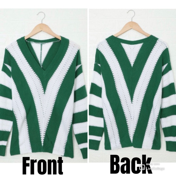 🤩HPx5💚Green & White Striped V-Neck Knit Sweater - Picture 3 of 7